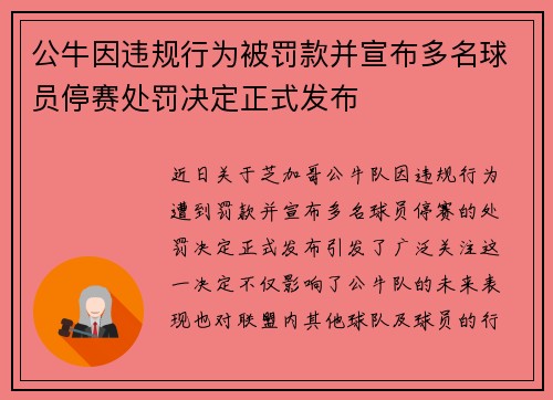 公牛因违规行为被罚款并宣布多名球员停赛处罚决定正式发布