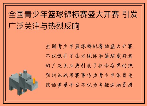 全国青少年篮球锦标赛盛大开赛 引发广泛关注与热烈反响