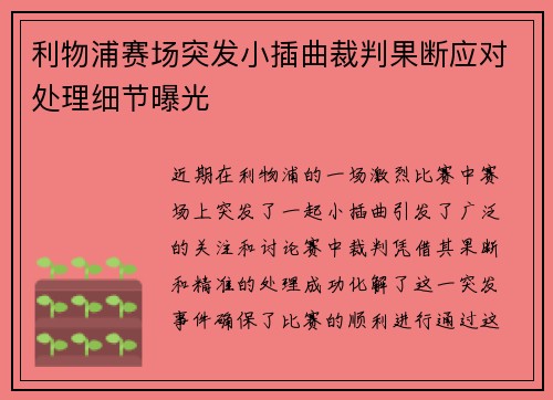 利物浦赛场突发小插曲裁判果断应对处理细节曝光