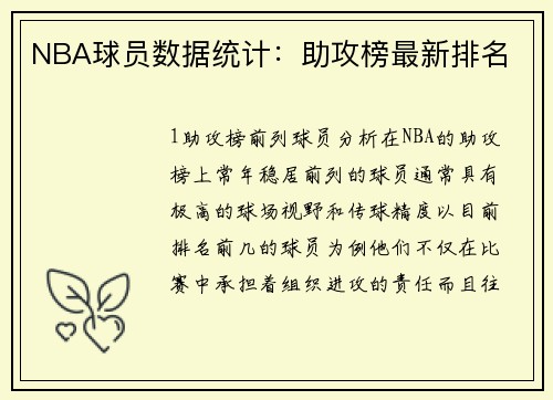 NBA球员数据统计：助攻榜最新排名