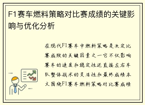 F1赛车燃料策略对比赛成绩的关键影响与优化分析